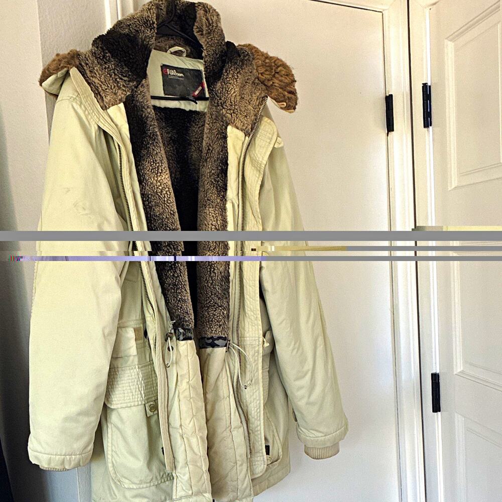 Vintage Ecko Function Mens Parka Jacket Beige Lined Fur Trim Stand-Up Button XL